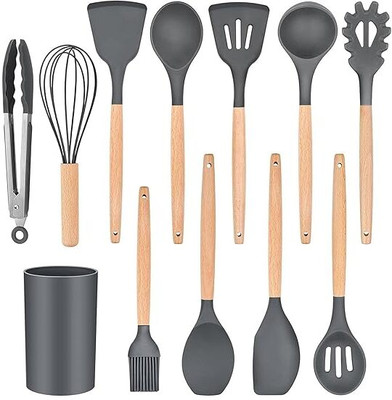 Red-Rubby Silicone Spatula Set of 12 |Non Stick Serving Spoon Set (Black, Set of 12) Wooden Spatula(Pack of 1)