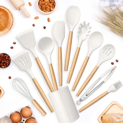 ESLORA Silicon Cooking Spatulas with Wooden Handle Cooking Spoon Spatula Combs Slotted Non-Stick Spatula(Pack of 12)