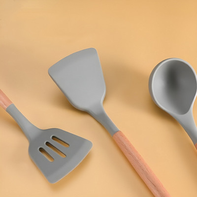 PBKN Silicone Turner Ladle Spatula Set | Kitchen Utensils | 3 Pc | Wood Handle Non-Stick Spatula(Pack of 3)