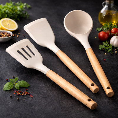 PRIVATE CAVE Premium Silicone Kitchen Utensil Set with Wooden Handle (3 Pcs) Wooden Spatula deal from flipkart
