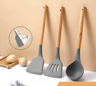NARV Silicone Spatula Turner Ladle Set | 3 Pcs | Wooden Handle Kitchen Tools Non-Stick Spatula(Pack of 3)