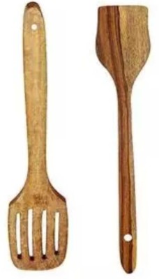 Anamika Harbal Wooden Slotted Turner Rectangle and Rice Serving Spoon Light Brown Wooden Spatula(Pack of 2)