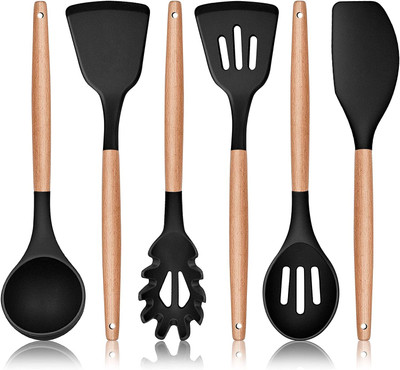 Besillia Non-Stick Soup Ladle Turners Pasta Server Slotted Spoon Scraper Spatula (Black) Wooden Spatula(Pack of 6)