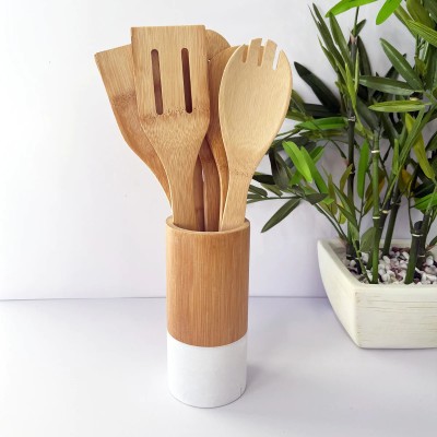 COSKIRA 6 pcs Eco-Friendly Bamboo Kitchen Spatula Set with Round Holder, Lightweight, Mixing Spatula(Pack of 1)