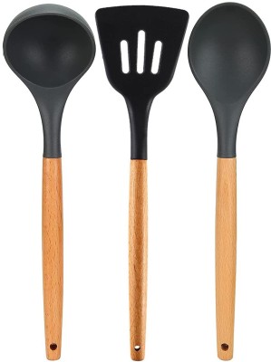 Besillia Set of 3 Silicone Solid Spoon, Soup Ladle, Slotted Turner Wood Handle (Black) Wooden Spatula(Pack of 3)