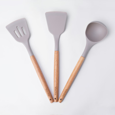 Vasukie Silicone Set With Wooden Handle forPan for Kitchen Non-Stick Spatula(Pack of 3)