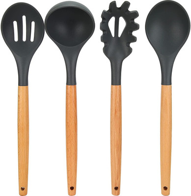 Besillia Silicone Spatula, Slotted & Solid Spoon, Soup Ladle & Spaghetti Server (Black) Wooden Spatula(Pack of 4)