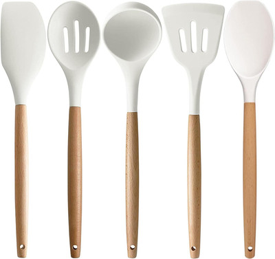 KPTON Non-Stick Silicone Utensil Set, Wooden Handle,Heat Resistant Kitchen Tool Set Non-Stick Spatula(Pack of 1)