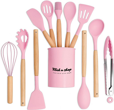 MJN Kitchen Utensils Spoon Spatula Cooking Set- 12 Pcs Non-Stick Wooden Handle Pink Kitchen Tool Set(Pink, Spatula, Baking Tools, Brush, Cooking Spoon, Ladle, Tong, Whisk)