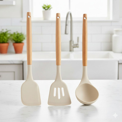 NowExp Silicone Kitchen Cooking Utensils Set of 3 with Wooden Handle Kitchen Tool Set(Cream, Spatula)