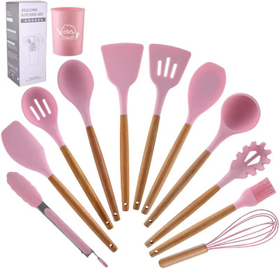 ESLORA Silicone Kitchen Spatula cooking Set- 12 Pcs Non-Stick with Wooden Handle Non-Stick Spatula(Pack of 12)