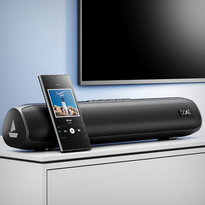 BoAt Aavante Bar 520 W/ Dual Passive Radiators,6 HRS Playback & Sleek Design 16 W Bluetooth Soundbar (Charcoal Black, 2.0 Channel) For Rs. 1299 @ 67 %