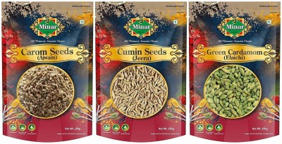 Minar Whole Spices Combo Pack 750g (Carom Seeds Ajwain, Cumin Seeds Jeera, Green Cardamom Choti Eliachi) 250g Each(3 x 250 g)