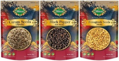 Minar New Trending Whole Spices Combo Pack 750g (Carom Seeds Ajwain, Black Pepper Kali Mirch, Fenugreek Seeds Methi Dana) 250g Each (3 x 250 g)(3 x 250 g)