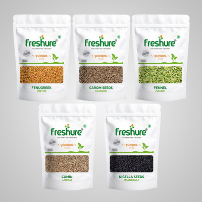 Freshure 5 Spices Whole Combo - Methi, Mangrail, Jeera, Sounf and Jamain(5 x 100 g)