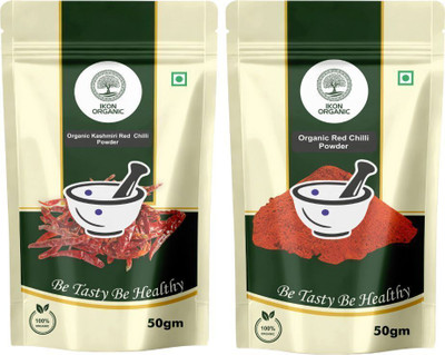 IKON Organic Kitchen Spices Combo Pack of 2|Organic Kashmiri Red Chilli and Red Chilli Powder(2 x 50 g)