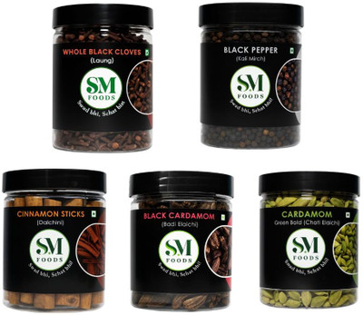 SM FOODS Premium Indian Spices Combo Black Pepper Cloves Cinnamon Black & Green Cardamom(5 x 100 g)