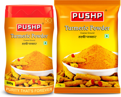 Pushp Brand Natural Golden Turmeric/Haldi Powder Combo - Jar Plus Refill Pouch for Cooking(2 x 500 g)