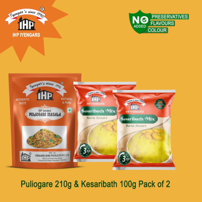 IHP Iyengars Instant Kesaribath Mix 100Gx2 & Puliogare Masala 210G(3 x 136.67 g)