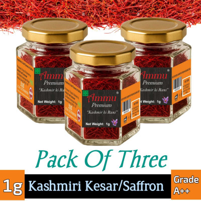 AMMu Premium Kashmiri Saffron (Kesar) – 1g | Pure & Natural | Grade A++ Threads(3 x 1 g)