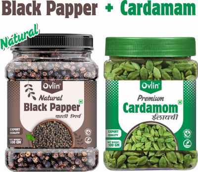 Ovlin Whole Cardamom Green Big 8mm Bolt & Black Pepper Combo (200gms Total) Jar Pack(2 x 100 g)