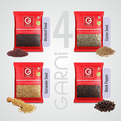 GARNI Foods Cumin Seed + Black Pepper Whole + Coriander Whole + Mustard Seeds (RAI)(4 x 100 g)