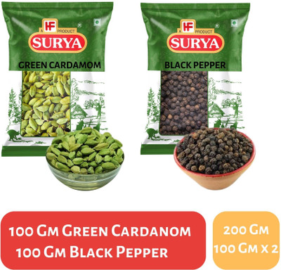 Surya 200g Whole Spice Combo; Green Cardamom 100g + Black Pepper 100g(2 x 100 g)