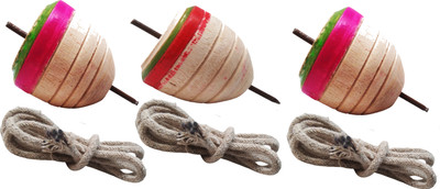 Jiyansh Traders 3 Pcs Wooden Lattu Spinner Toy_Wooden Round Spinning Top With Thread(Multicolor)