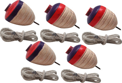 Jiyansh Traders 05 Pcs Wooden Lattu Spinner Toy_Wooden Round Spinning Top With Thread(Multicolor)