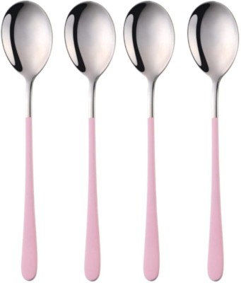 YELONA Silver Spoons With Pink Handle Flatware & Cutlery Set for Coffee,Sugar,Dessert Stainless Steel Table Spoon, Tea Spoon, Coffee Spoon, Cream Spoon, Dessert Spoon, Ice-cream Spoon Set(Pack of 4)