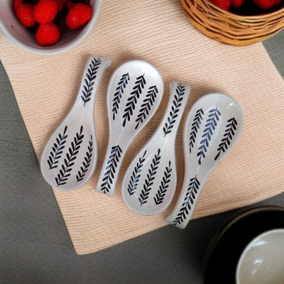 Malaikah White With Black Leaf Printed Large Spoon Rest Pack Of 4 Ceramic Table Spoon Set(Pack of 4)