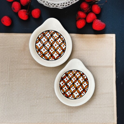 Malaikah White With Gold Printed Round Spoon Rest Pack Of 2 Ceramic Table Spoon Set(Pack of 2)