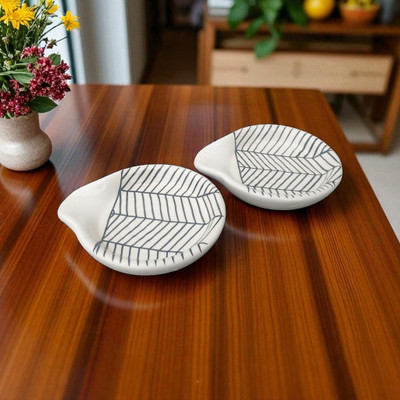 Malaikah White Zig-Zag/Zebra Round Spoon Rest Pack Of 2 Ceramic Serving Spoon Set(Pack of 2)
