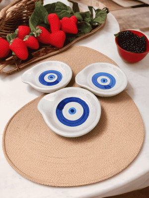 Malaikah White With Evil Eye Printed Round Spoon Rest Pack Of 3 Ceramic Table Spoon Set(Pack of 3)