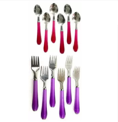 SBE 6 Fork & 6 Spoons with Plastic Handle for Dining Table Plastic Cutlery Set Stainless Steel Table Spoon Set(Pack of 12)