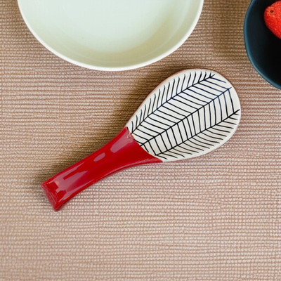 RAFOLEEN Ceramic Red Color Zebra & Solid Print Spoon Rest Disposable Ceramic Serving Spoon(Pack of 1)
