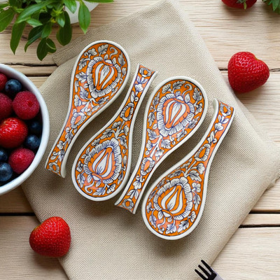 Malaikah Orange Mughal Spoon Rest Pack Of 4 Ceramic Serving Spoon Set(Pack of 4)