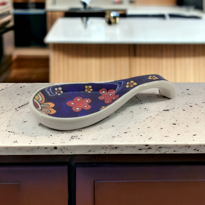 RAFOLEEN Ceramic Spoon Rest Large Blue Print Pack of 1 Disposable Ceramic Serving Spoon(Pack of 1)