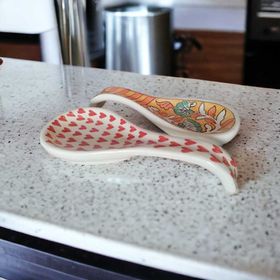 Malaikah Ceramic Orange And Red Heart Large Spoon Rest Pack of 2 Ceramic Serving Spoon, Measuring Spoon, Soup Spoon, Table Spoon Set(Pack of 2)