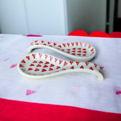 Rizasta Red Heart Handprinted, Handmade, Spoon Holder, Spoon Rest, Ceramic Table Spoon Set(Pack of 2)