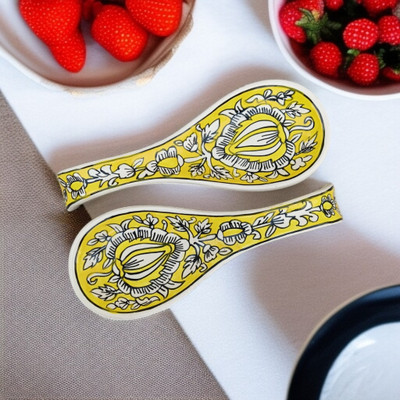 Malaikah Yellow Mughal Print Large Spoon Rest Pack Of 2 Ceramic Table Spoon Set(Pack of 2)