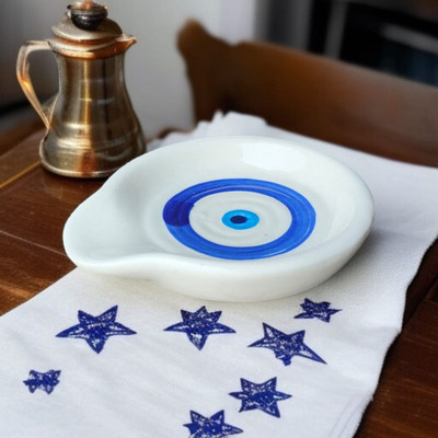 Rizasta Evil Eye Handprinted, Handmade, Round Spoon Rest Ceramic Table Spoon(Pack of 1)