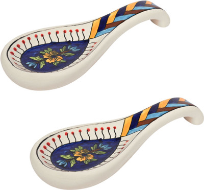 Amoorcart Ceramic Spoon Rest - Floral Blue - 24cm height Ceramic Serving Spoon Set(Pack of 2)