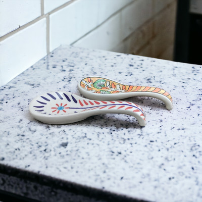 Malaikah Ceramic Orange And Red Leaf Large Spoon Rest Pack of 2 Ceramic Serving Spoon, Measuring Spoon, Soup Spoon, Table Spoon Set(Pack of 2)