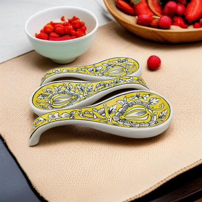 Malaikah Yellow Mughal Print Large Spoon Rest Pack Of 3 Ceramic Table Spoon Set(Pack of 3)