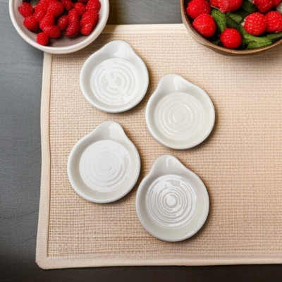 Malaikah White With Solid Printed Round Spoon Rest Pack Of 4 Ceramic Table Spoon Set(Pack of 4)