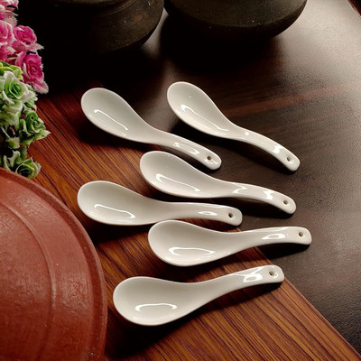 MDNSHO Ceramic Soup and Dessert Spoon, Microwave Safe - Pack of 6 (White) Ceramic Soup Spoon Set(Pack of 6)