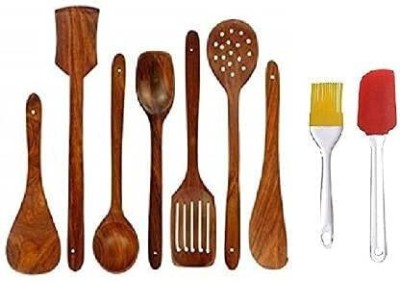 mtiban Wooden Spoon Kitchen Essentials: Spoon & Spatula Set - Natural Finish Set Of 9 Wooden, Silicone Serving Spoon, Table Spoon, Cream Spoon Set(Pack of 9)