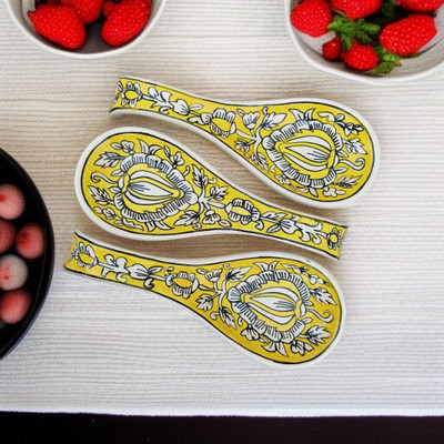 RAFOLEEN Ceramic Yellow Color Mugal Print Spoon Rest Disposable Ceramic Serving Spoon Set(Pack of 3)