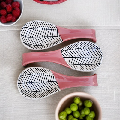 Malaikah Pink Zebra Printed Large Spoon Rest Pack Of 3 Ceramic Table Spoon Set(Pack of 3)